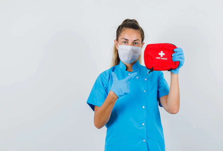 Female Doctor Pointing Finger First Aid Kit Blue Uniform 176474 20181