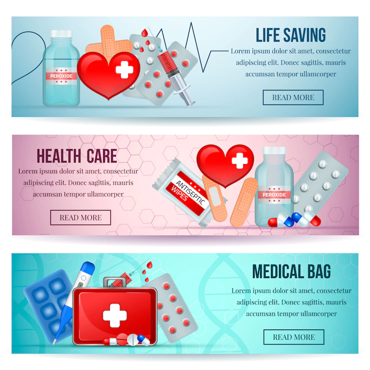 First aid kit horizontal realistic health care website banners with medical emergency supply Free Vector