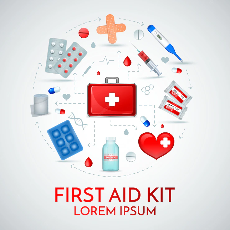 First Aid Kit Realistic Circular Composition Medical Emergency Treatment Supplies With Antiseptic Bandage Pills 1284 27425