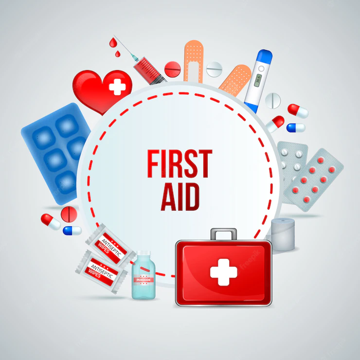 First Aid Kit Realistic Circular Frame Composition Medical Emergency Treatment Supplies With Bandage Pills 1284 27384