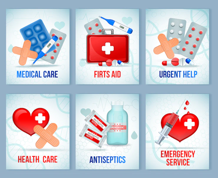 First Aid Kit Supply Equipment Compositions Emergency Medical Treatment Realistic Cards Set 1284 27385
