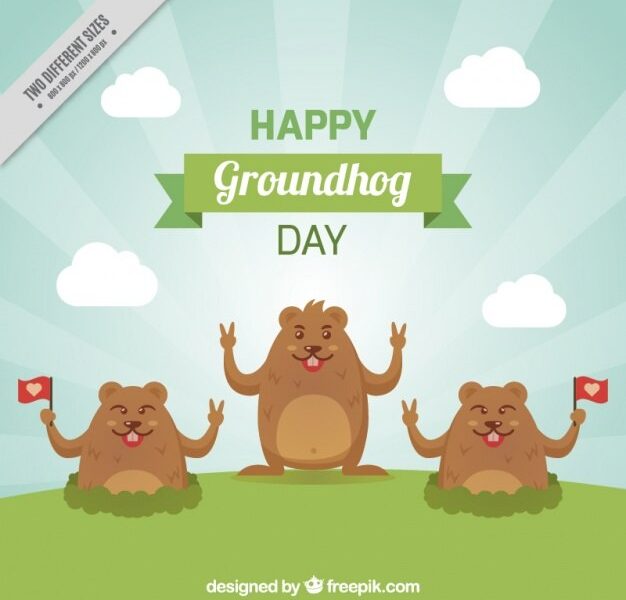 Flat background with three smiling groundhogs Free Vector