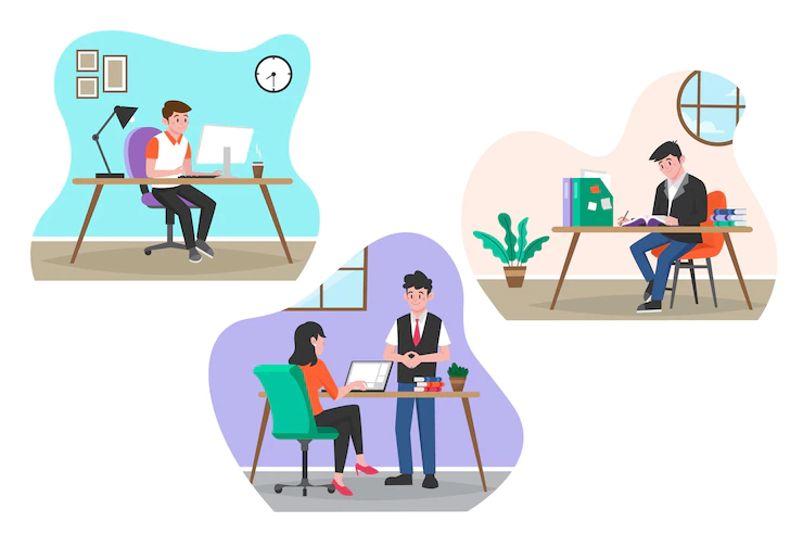 Flat design working day scenes Free Vector