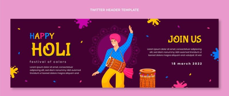 Flat holi twitter header Free Vector