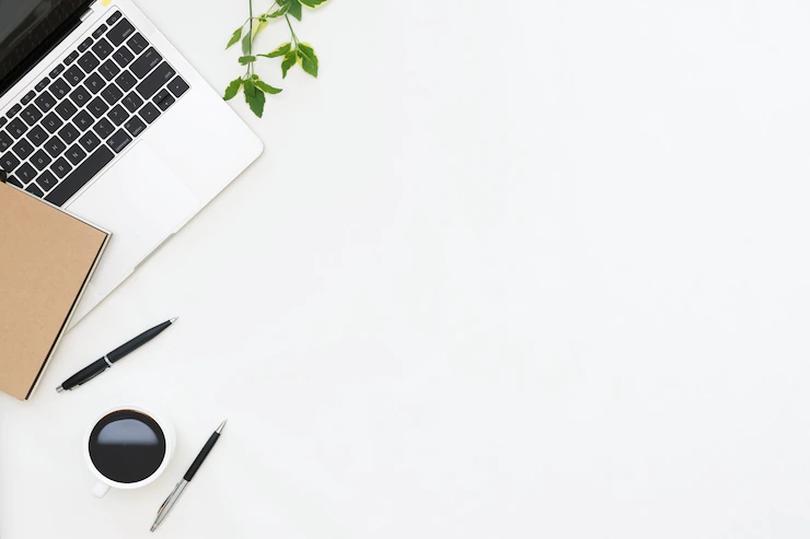 Flat lay photo of office desk with laptop copy space background Free Photo