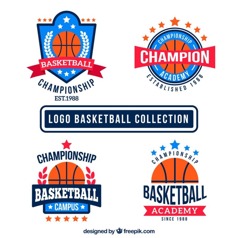 Flat pack of four colored basketball logos Free Vector