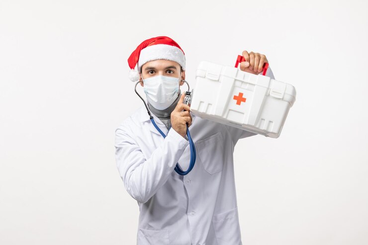 Front View Male Doctor With First Aid Kit White Wall 140725 137238