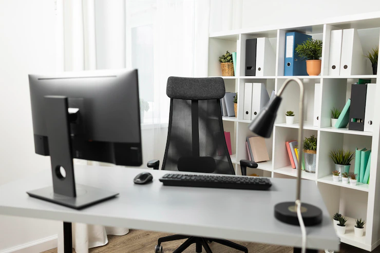 Front View Office Desk With Computer Chair 23 2148804442