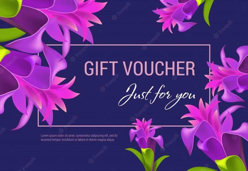 Gift voucher just for you lettering in frame with purple flowers. Free Vector