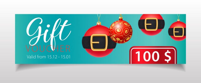 Gift voucher lettering and christmas baubles with belts Free Vector