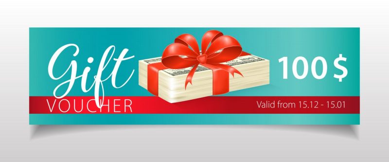 Gift voucher lettering with dollar banknotes and ribbon Free Vector