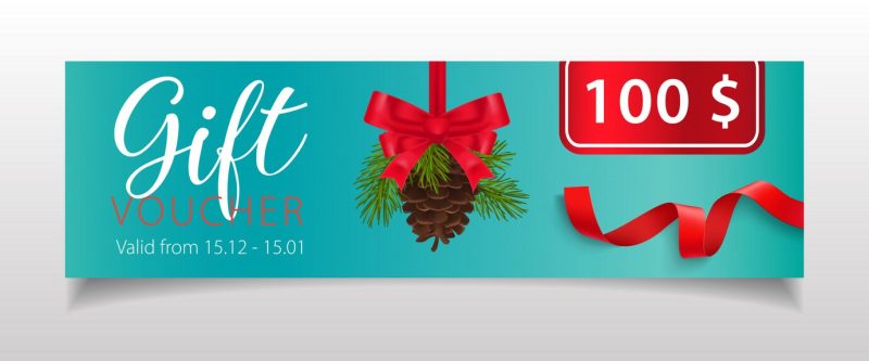 Gift voucher lettering with fir-tree cone and ribbons Free Vector