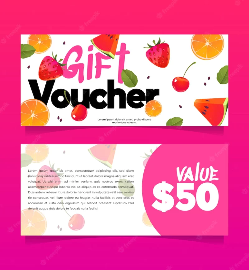 Gift voucher, shopping certificate with fruits Free Vector