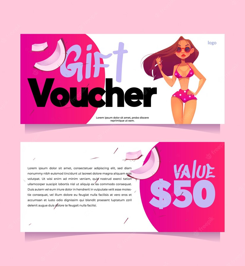 Gift Voucher Template With Beautiful Girl Bikini Coconut Slices Vector Coupon Vacation Tropical Resort Beauty Spa With Cartoon Woman Swimsuit Promo Flyer With Present 107791 8223