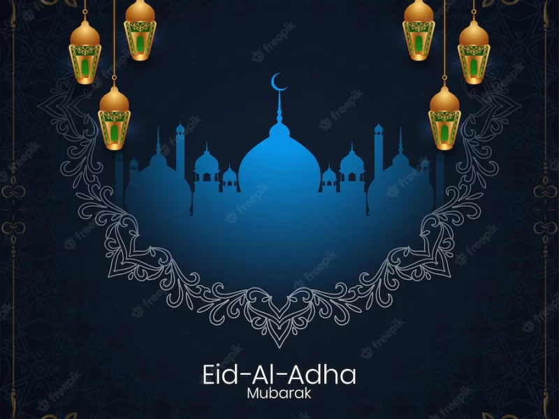 Golden lanterns eid al adha mubarak mosque background vector Free Vector