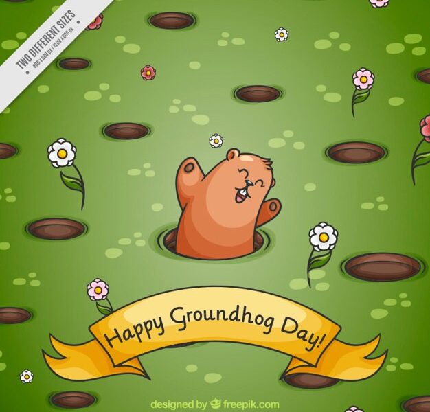 Grass background with happy groundhog Free Vector