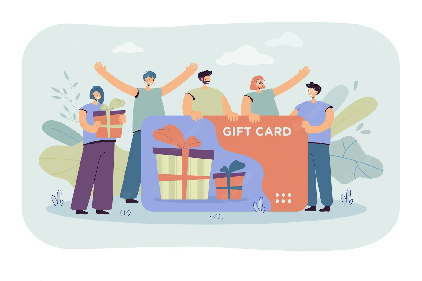 Happy Customers Getting Gift Card From Store Shop Consumers With Voucher Celebrating Sale Season Cartoon Illustration 74855 14404