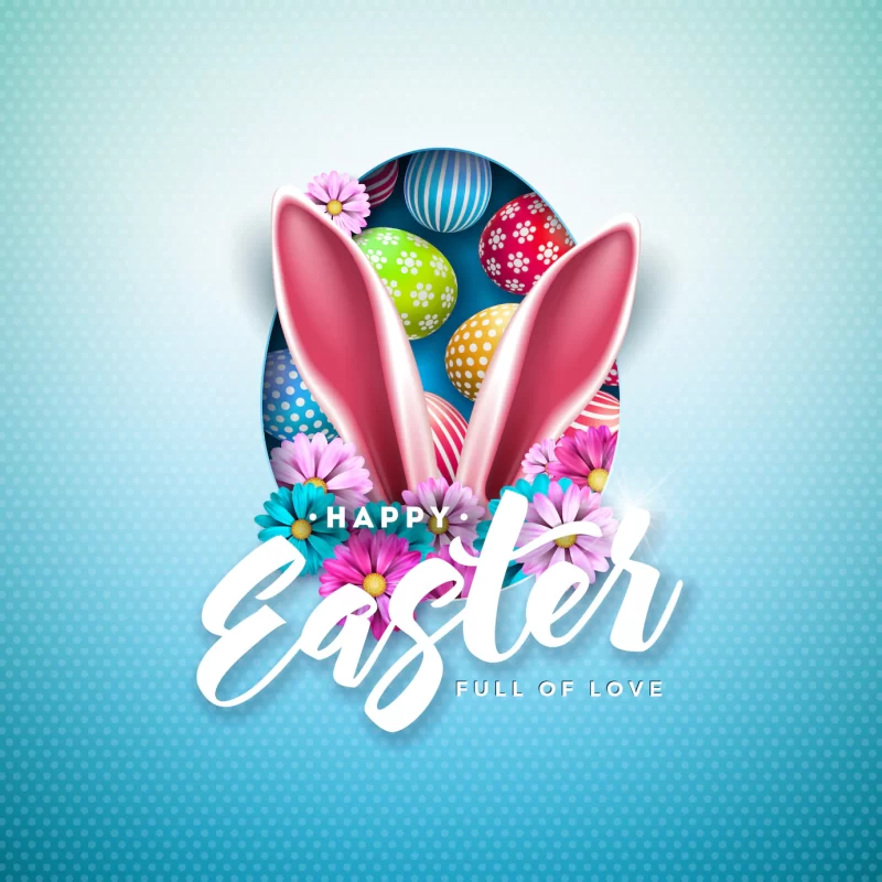 Happy Easter illustration with colorful painted egg and rabbit ears