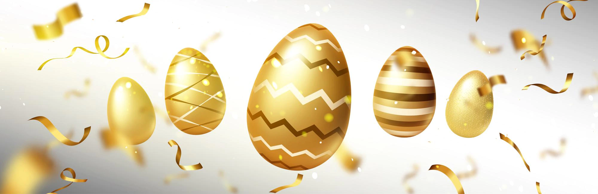 Happy Easter Poster With Golden Eggs With Patterns Spiral Ribbons Vector Banner Spring Holiday Celebration With Realistic Illustration 3d Luxury Gold Eggs Confetti 107791 9925