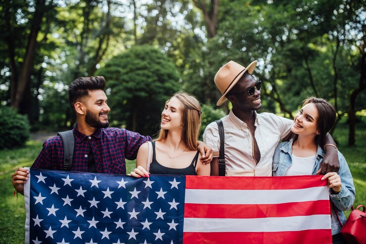 Happy Four Students Relaxing Nature With American Flag Celebrating 4th July 496169 118