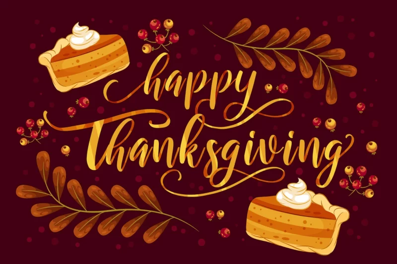 Happy thanksgiving lettering with pie Free Vector