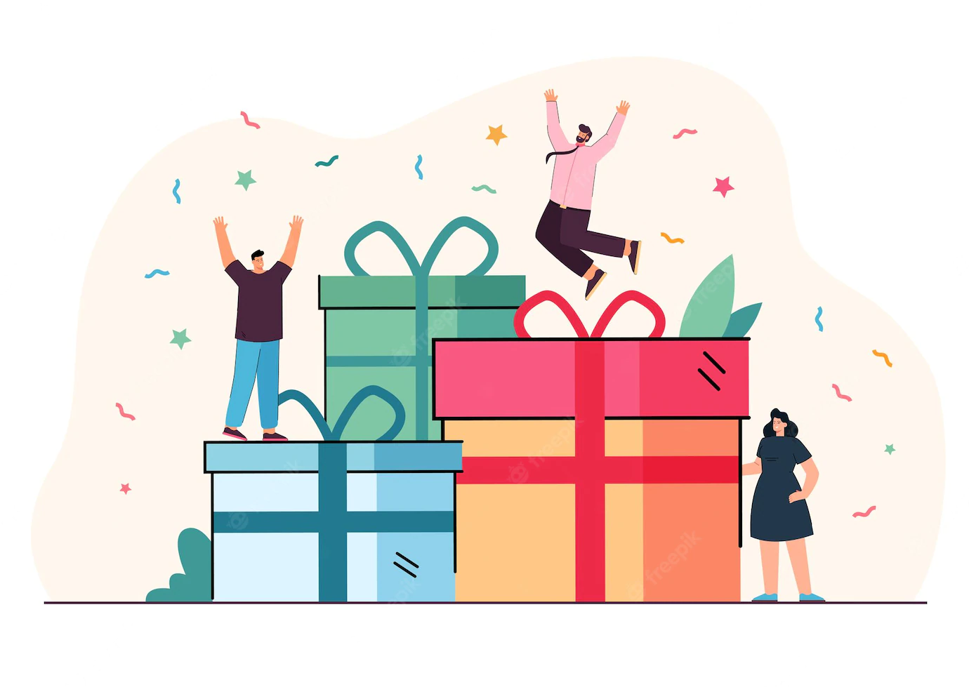 Happy Tiny Customers With Reward Prizes Good Job Gifts Winners People Jumping Present Boxes With Confetti Flat Vector Illustration Experience Birthday Celebration Special Bonus Concept 74855 21178