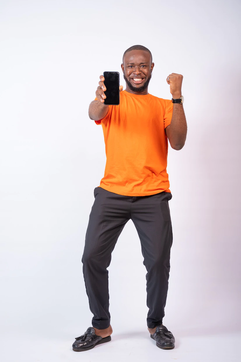 Happy Young Man Showing His Phone Screen Isolated White Background 181624 41083