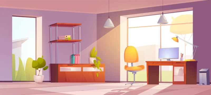 Home office with desk monitor chair and bookcase Free Vector Home office with desk monitor chair and bookcase Free Vector