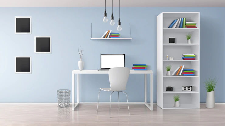 Home workplace, modern office room sunny, minimalistic style interior in pastel colors realistic vector with white furniture, laptop on desk, rack and bookshelves Free Vector