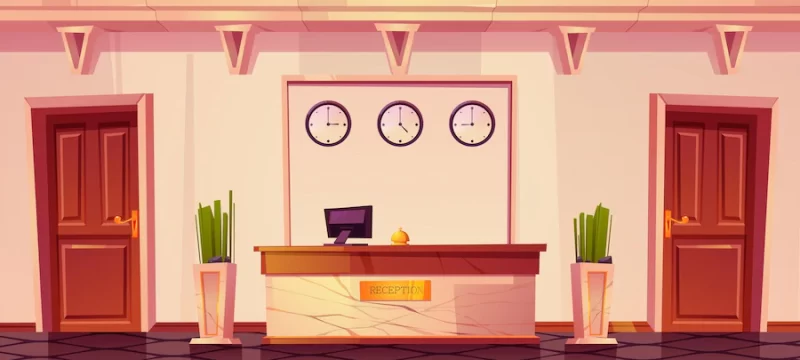 Hotel reception with computer and bell on desk Free Vector Hotel reception with computer and bell on desk Free Vector