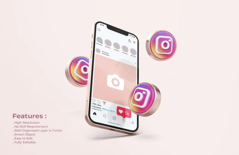 Instagram on rose gold mobile phone mockup Free Psd