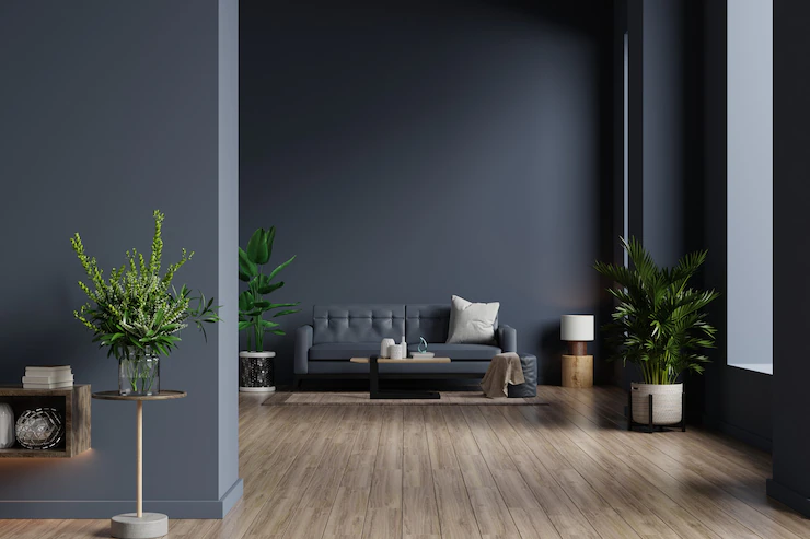 Interior Living Room With Sofa Empty Dark Blue Wall 3d Rendering 41470 3621