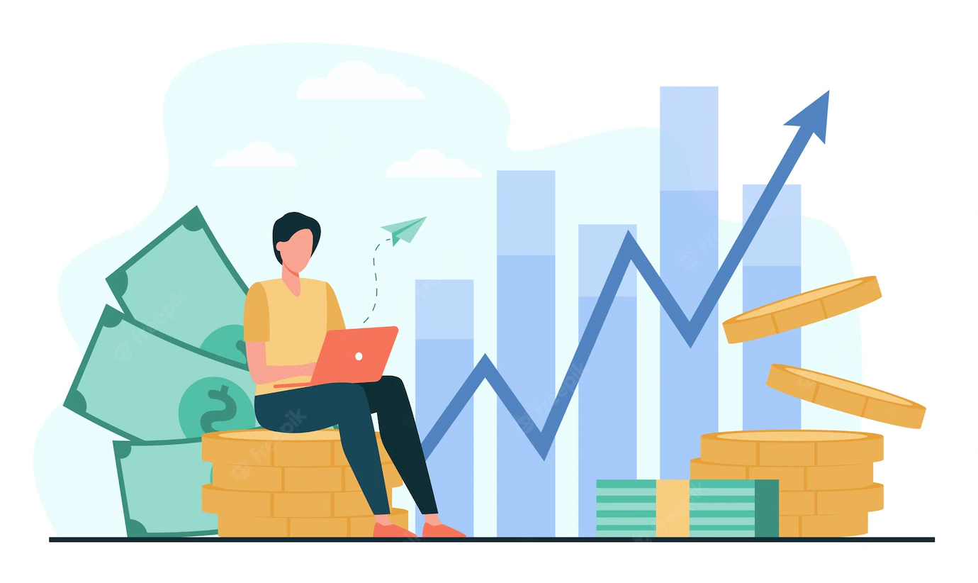 Investor With Laptop Monitoring Growth Dividends Trader Sitting Stack Money Investing Capital Analyzing Profit Graphs Vector Illustration Finance Stock Trading Investment 74855 8432