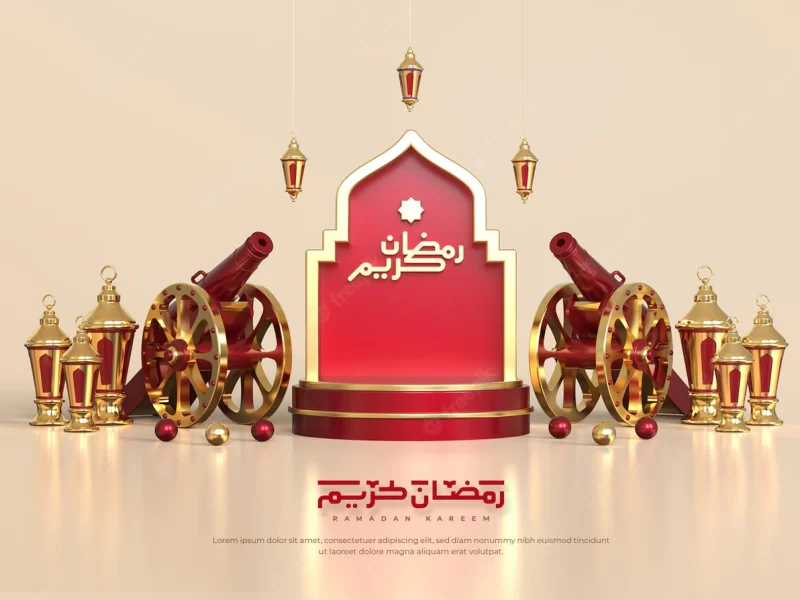 Islamic ramadan greetings, composition with 3d arabic lantern, traditional cannon and round podium Free Psd0