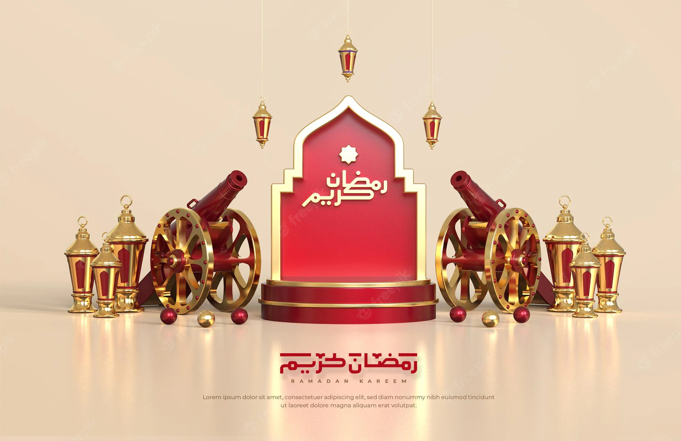 Islamic Ramadan Greetings Composition With 3d Arabic Lantern Traditional Cannon Round Podium 106244 1532