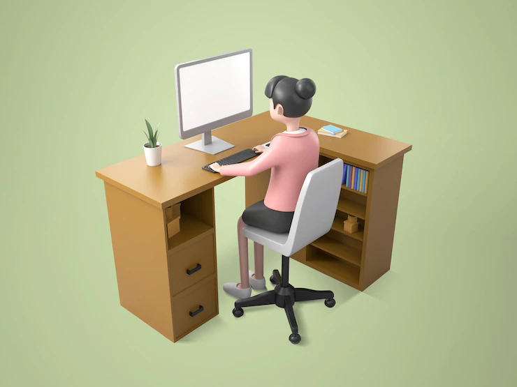 Isomatic Young Woman Working Desktop Computer Table Cartoon Character 3d Illustration 1150 51125