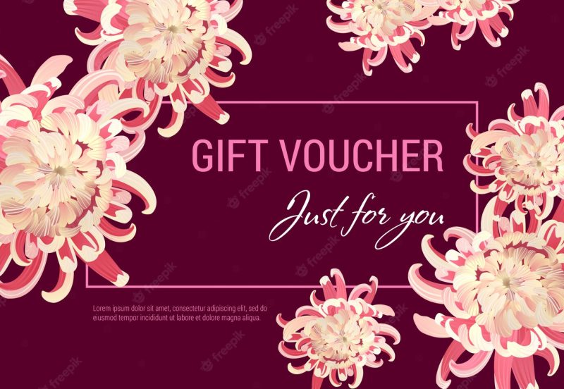 Just for you gift certificate with pink flowers and frame on vinous background. Free Vector