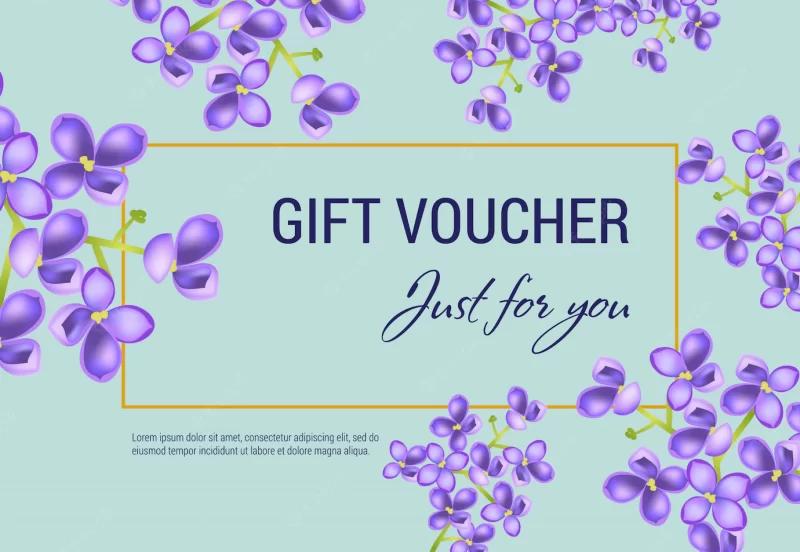 Just for you gift voucher with lilac blossoms and frame on light blue background. Free Vector