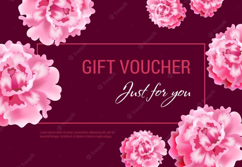 Just for you gift voucher with pink flowers and frame on vinous background. Free Vector