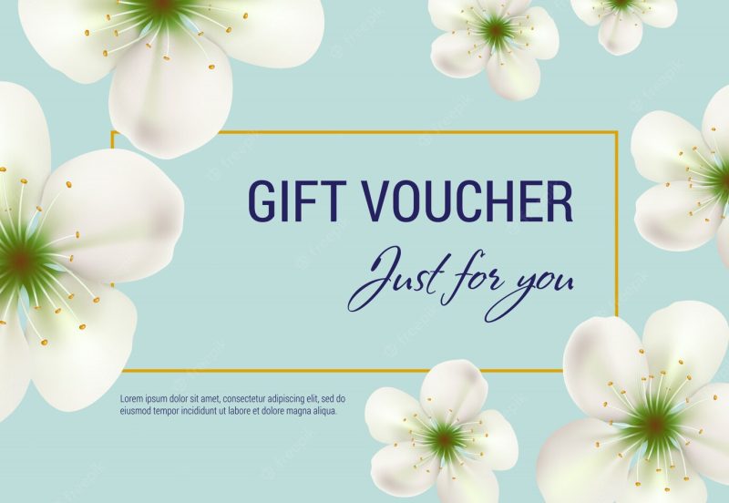 Just for you gift voucher with white blossoms and frame on light blue background. Free Vector