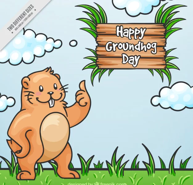 Landscape background with hand drawn happy marmot Free Vector