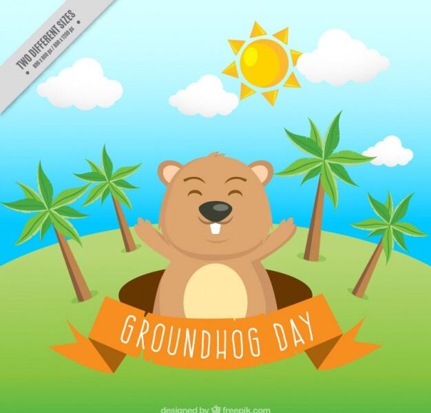 Landscape background with happy groundhog Free Vector