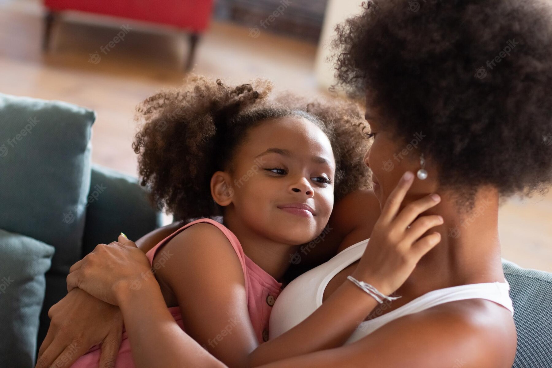 Loving African American Mother Daughter Hugging Woman Girl Casual Clothes Holding Each Other Coach Love Family Bonding Concept 74855 22151