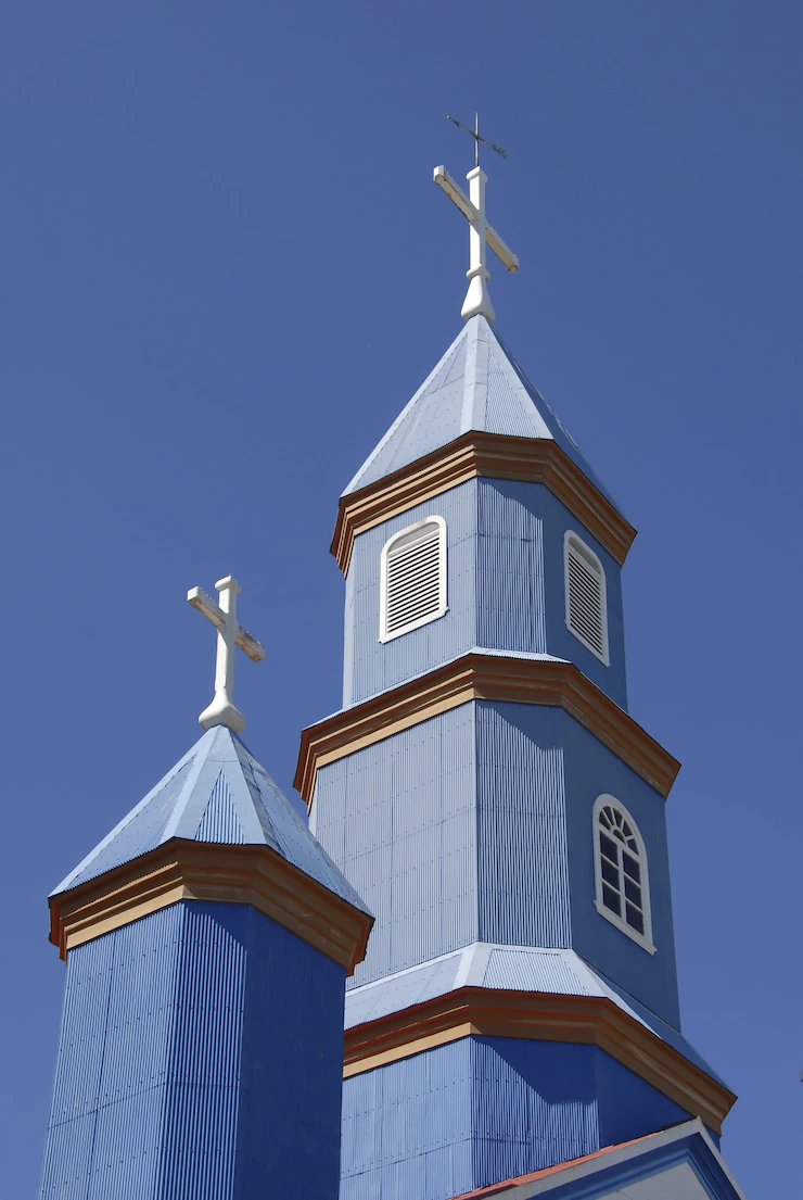 Low Angle Shot Small Blue Church Blue Clear Sky 181624 45966