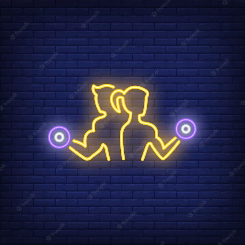 Man and woman training with dumbbells neon sign Free Vector