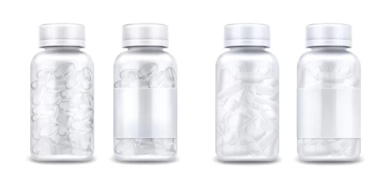 Medicine bottles with pills and clear capsules isolated on white background. vector realistic mockup of glass or plastic transparent container with blank label and lid. 3d jars with medical drugs Free Vector