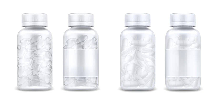 Medicine Bottles With Pills Clear Capsules Isolated White Background Vector Realistic Mockup Glass Plastic Transparent Container With Blank Label Lid 3d Jars With Medical Drugs 107791 4570