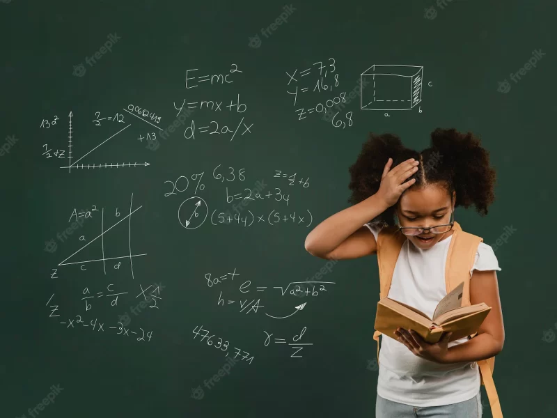 African American School girl trying solve problem on black board