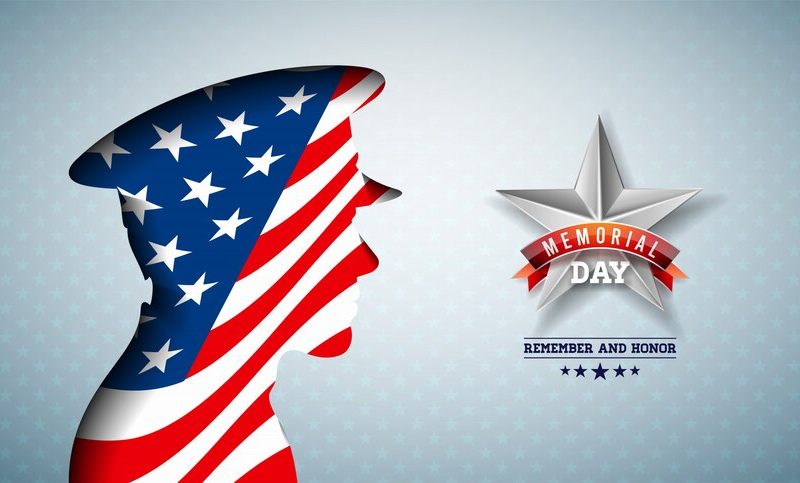 Memorial day of the usa illustration. american national celebration design with flag in patriotic soldier silhouette on light star pattern background for banner, greeting card or holiday poster Free Vector