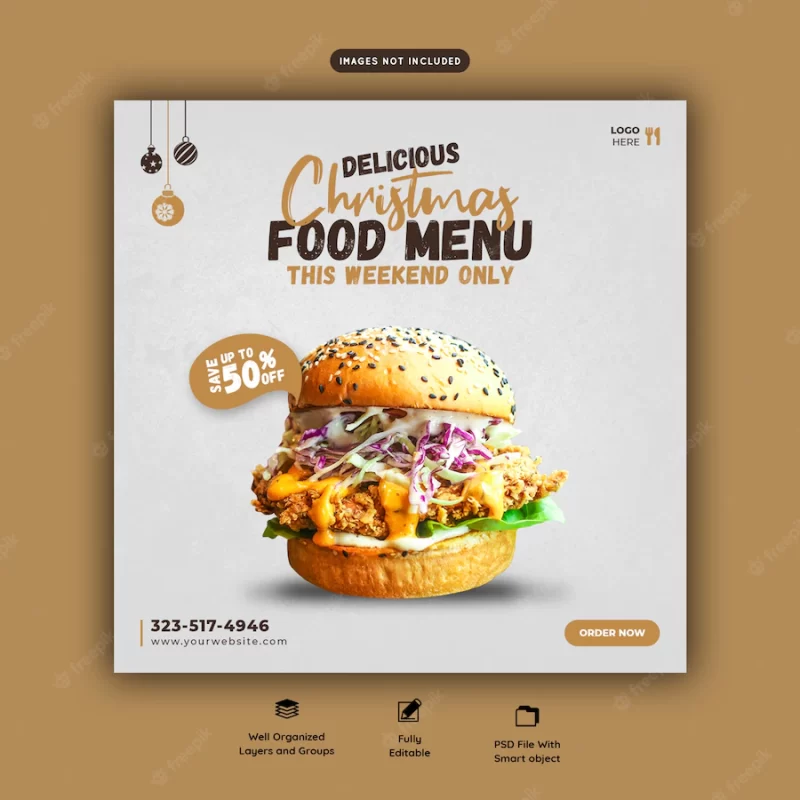 Merry christmas delicious burger and food menu social media banner template Free Psd